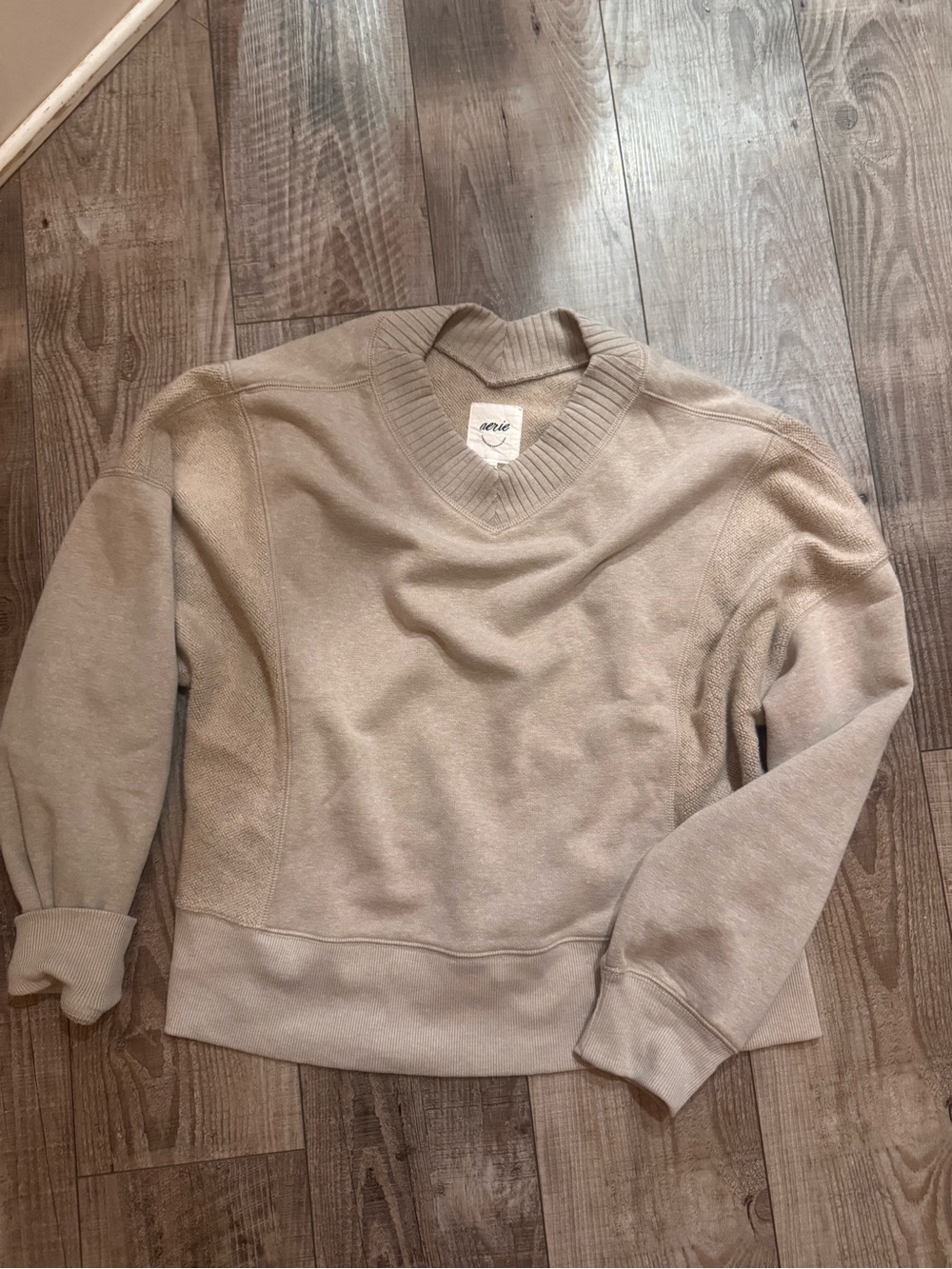 aerie Taupe V-Neck Pullover Sweatshirt